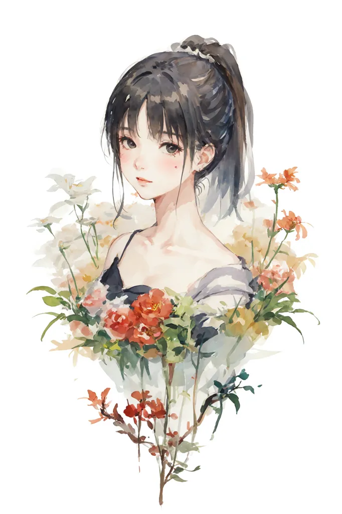 The image is a digital painting of a young woman with long black hair and brown eyes. She is wearing a black dress with a white collar. Her hair is tied in a ponytail. She is surrounded by flowers of various colors, including red, orange, yellow, and white. The background is white. The painting is done in a realistic style, and the artist has used a variety of techniques to create a sense of depth and realism. The overall effect is one of beauty and serenity.