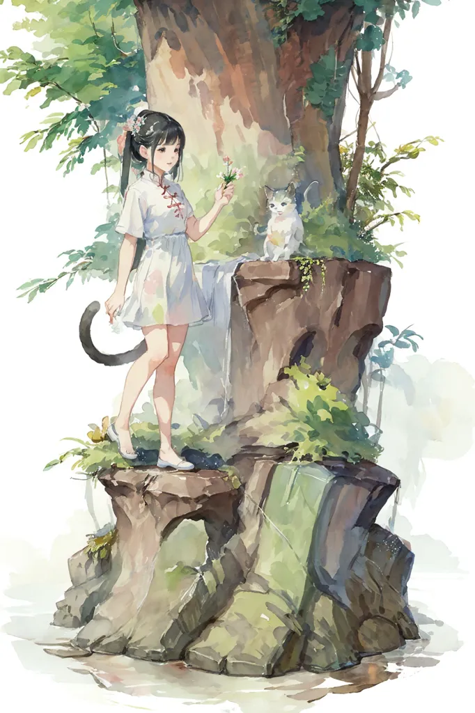 The image is a watercolor painting of a girl with a cat in a forest. The girl is standing on a rock in front of a large tree. She is wearing a white dress with a blue sash and has long black hair. The cat is sitting on a rock next to the girl and is looking at her. The girl is holding a flower in her hand. The background of the image is a forest with many trees and plants. The image has a soft, dreamlike quality.