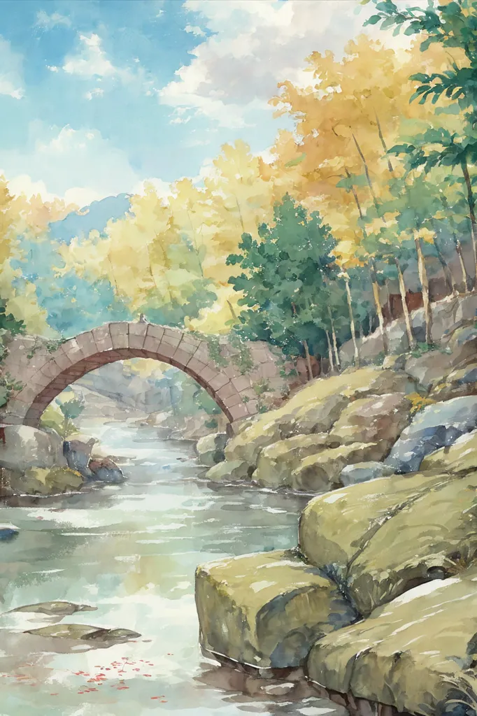 The image is a watercolor painting of a stone bridge over a river. The bridge is in the middle of a forest and is surrounded by trees. The trees are in the fall season, and their leaves are turning yellow and orange. The river is flowing under the bridge, and there are some rocks in the river. The sky is blue, and there are some clouds in the sky. There is a small waterfall to the left of the bridge.