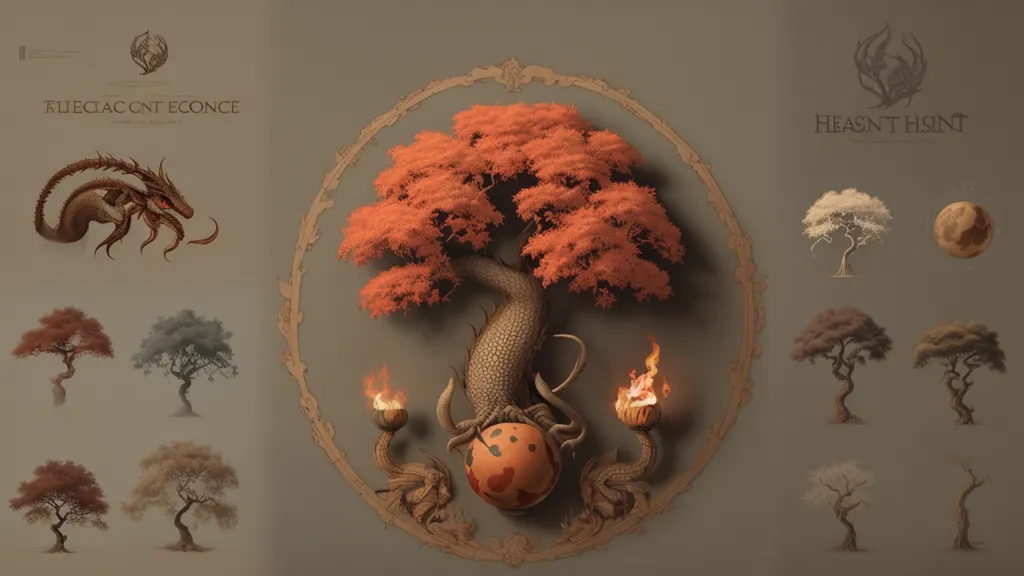 The image is a fantasy illustration of a tree with a dragon wrapped around it. The tree has orange leaves and the dragon is brown and black. The tree is surrounded by a circular frame with four smaller trees in each corner. The background is a gradient from light brown at the top to dark brown at the bottom.