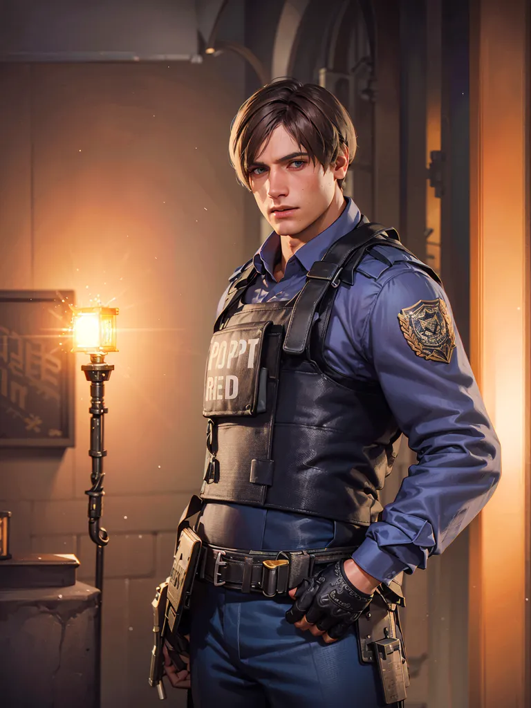 The image is of a young man with brown hair and blue eyes. He is wearing a blue shirt, a black vest, and a utility belt. He is also wearing a badge that says "R.P.D." on it. He is standing in a dark room, with a lantern on the left side of the image. He is looking at the camera with a serious expression on his face.