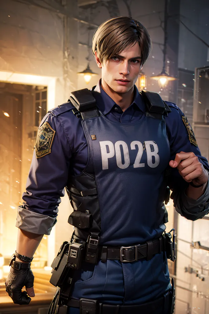 The image shows a young man with short brown hair and blue eyes. He is wearing a blue shirt, a black vest with the letters "PO2B" on it, and a black belt with a silver buckle. He is also wearing black gloves and a black holster on his right hip. He is standing in a dark room with a brick wall in the background. There is a light coming from the right side of the image, which is casting shadows on the man's face and body. The man is looking at the camera with a serious expression on his face.