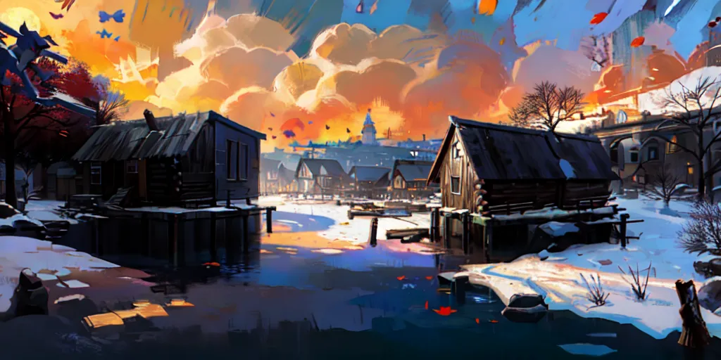 La imagen es una pintura de un pueblo de invierno. El pueblo está ubicado en un río congelado, y hay árboles y casas cubiertas de nieve a ambos lados del río. El cielo es de un naranja brillante y hay nubes en el cielo. Hay una figura de pie sobre el hielo frente al pueblo.