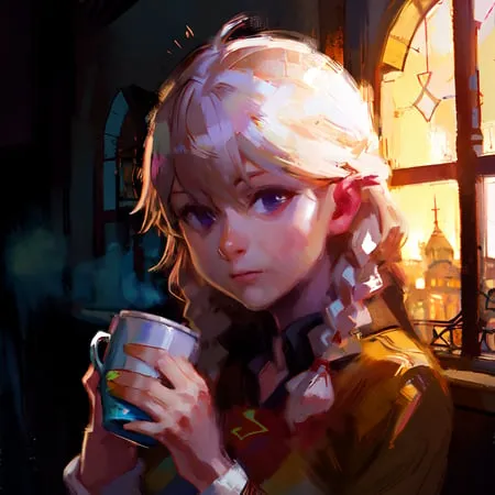 The image is a painting of a young woman with blonde hair and purple eyes. She is wearing a yellow shirt and a red scarf. She is sitting in a dark room, with a window in the background. The window is letting in a warm light, which is illuminating the woman's face. She is holding a cup of tea in her hands. She has a thoughtful expression on her face.