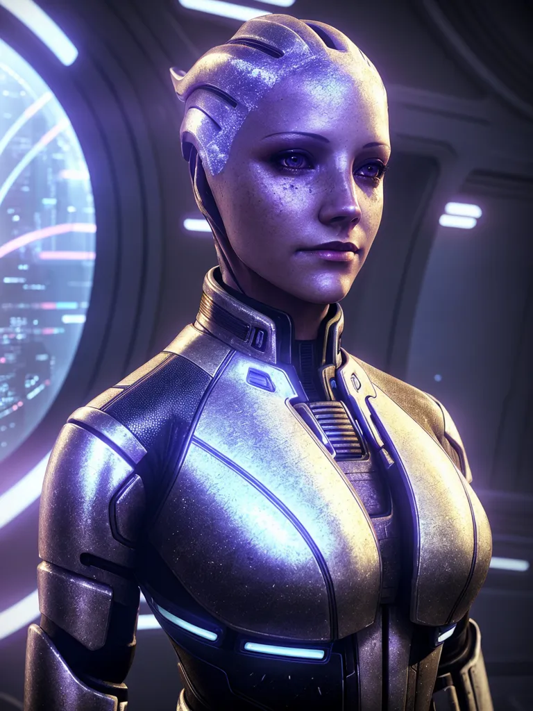 The image shows a female character with silver skin and dark hair. She is wearing a silver and black suit of armor. The character is standing in a dark room with a blue light shining on her.