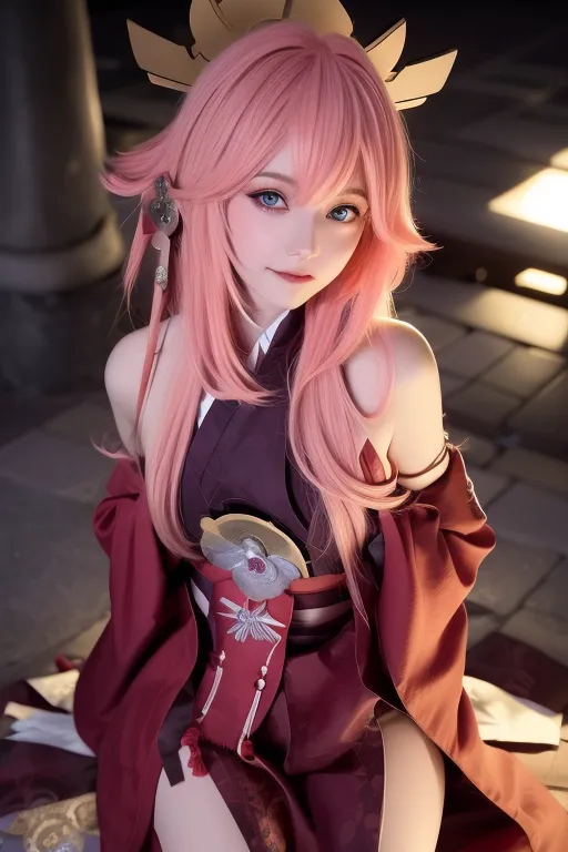 The image is a photo of a young woman dressed in a cosplay of Yae Miko, a character from the video game Genshin Impact. She is sitting on a stone floor, with her right hand on her thigh and her left hand on the ground. She is wearing a red and white kimono with a pink obi, and has long pink hair and blue eyes.