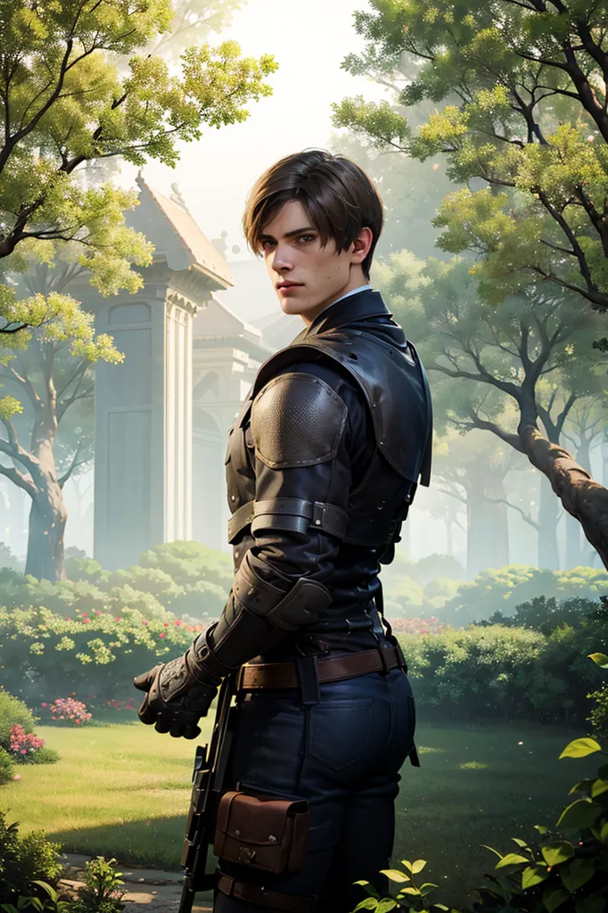 This is a picture of a man standing in a lush, green forest. He is wearing a black leather jacket with metal shoulder pads and black jeans. He has a gun in his hand and looks like he is ready for action. In the background, there is a large tree with a thick trunk. The leaves on the tree are a deep green color. There is also a large white building in the background. The man is standing on a patch of grass. There are some flowers and bushes near him.