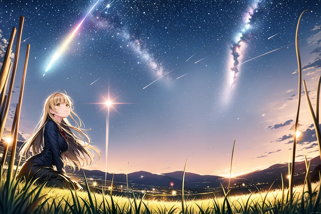 L'image est un magnifique paysage avec un ciel étoilé. Il y a une fille aux longs cheveux blonds assise au premier plan, regardant le ciel avec émerveillement. Elle porte un uniforme de style marin bleu. Le ciel est rempli d'étoiles filantes, et il y a une grande étoile brillante au centre. L'arrière-plan est bleu foncé, avec quelques nuages. L'image est très paisible et sereine.