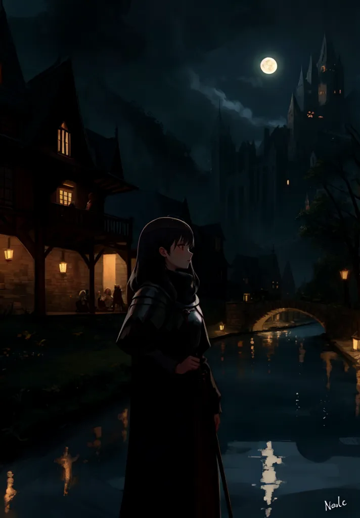 The image is a night scene of a medieval town. The town is built on a river, and there is a full moon in the sky. The buildings are made of wood and have overhanging eaves. The streets are lit by lanterns. There are people walking around in the streets. A woman is standing in the foreground of the image. She is wearing a black cloak and a sword. She is looking at the moon.