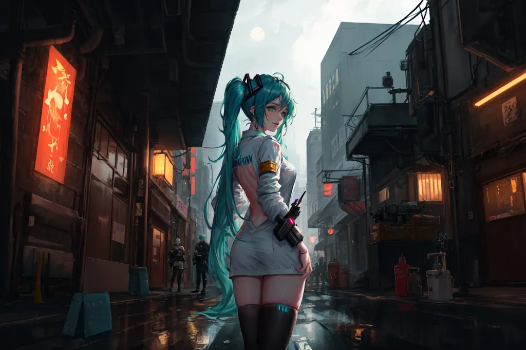 The image is a portrait of a young woman with long blue hair, green eyes, and a white outfit. She is standing in a dark alleyway with a futuristic cityscape in the background. The woman is wearing a white bodysuit and a pair of black boots. She has a gun in her hand and is looking at the viewer with a determined expression. The image is rendered in a realistic style and the colors are vibrant and saturated.