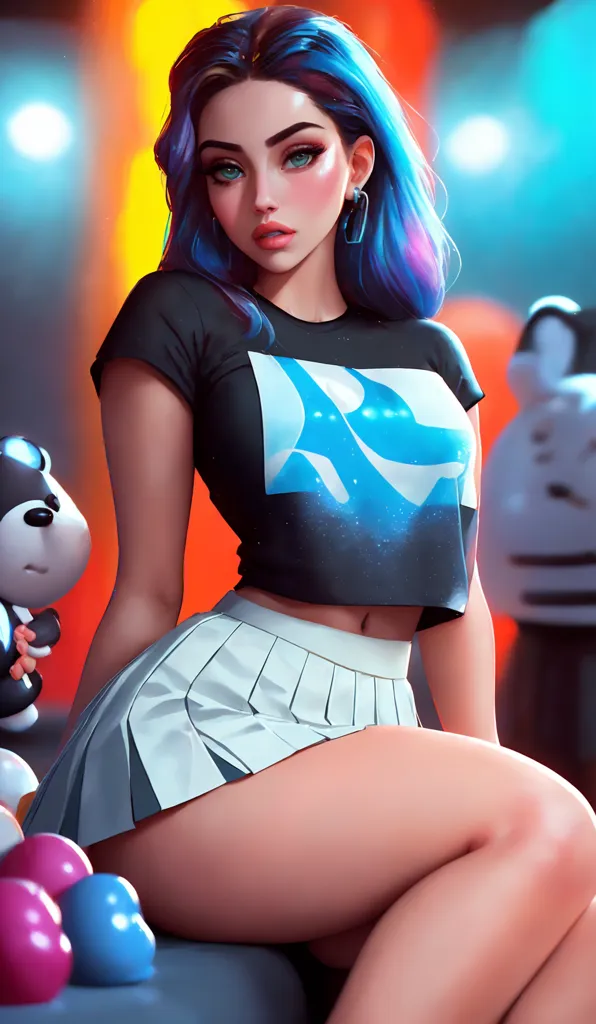 The image is of a young woman with blue hair and blue eyes. She is wearing a black cropped t-shirt with a white pleated skirt. She is sitting on a stool with a stuffed animal panda on her left and a stack of billiard balls on her right. She has a confident expression on her face and is looking at the viewer.