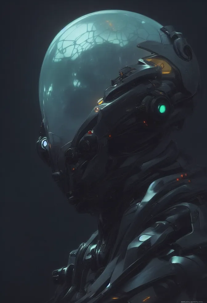 The image is a dark, close-up portrait of a human wearing a futuristic helmet. The helmet is made of a dark metal and has a large, transparent visor. The visor is cracked and has a green glow on the inside. The human's face is not visible, but their eyes are glowing green. The background is dark and out of focus.