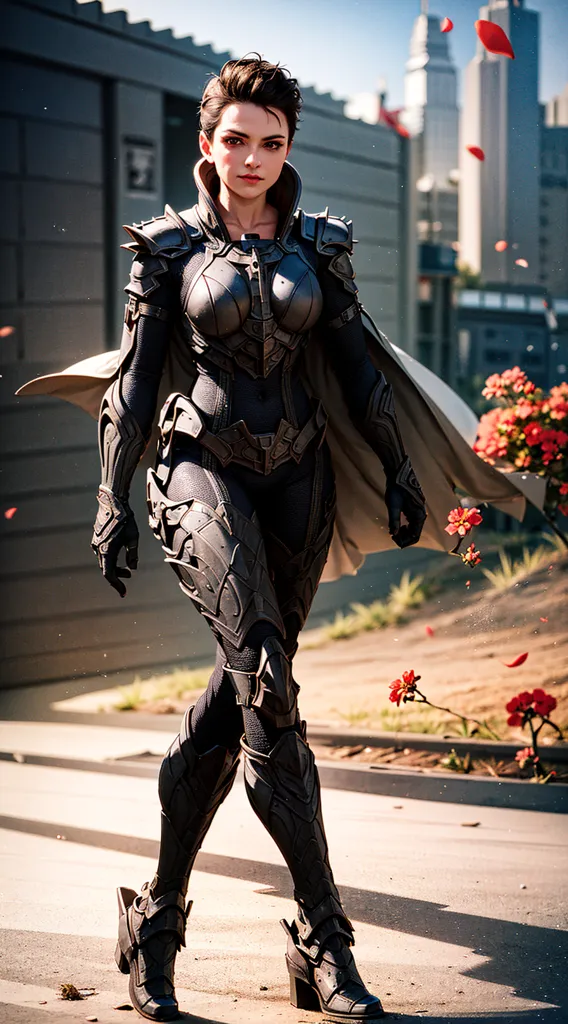 This is an image of a woman wearing a black and silver superhero costume. She has short dark hair and is walking down a city street. She is wearing a cape and there are red rose petals blowing in the wind around her.