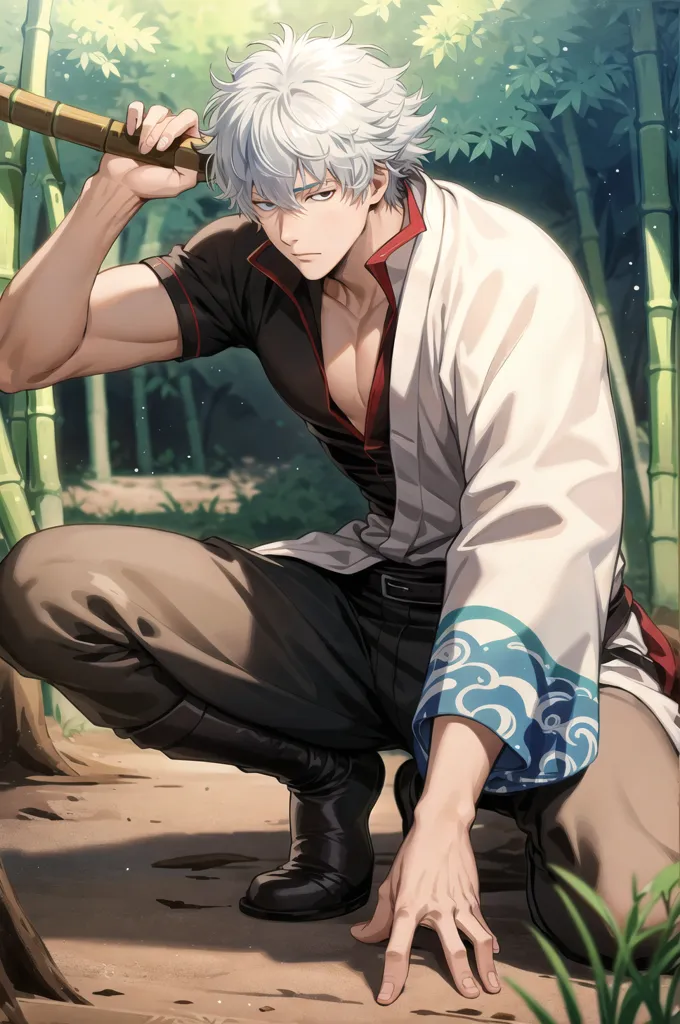 The image is of a young man with white hair and silver eyes. He is wearing a black shirt with a red sash and white hakama pants. He is also wearing a white jacket with blue wave patterns. He is kneeling on the ground in a forest and has one hand on the ground and the other holding a sword. He has a serious expression on his face.