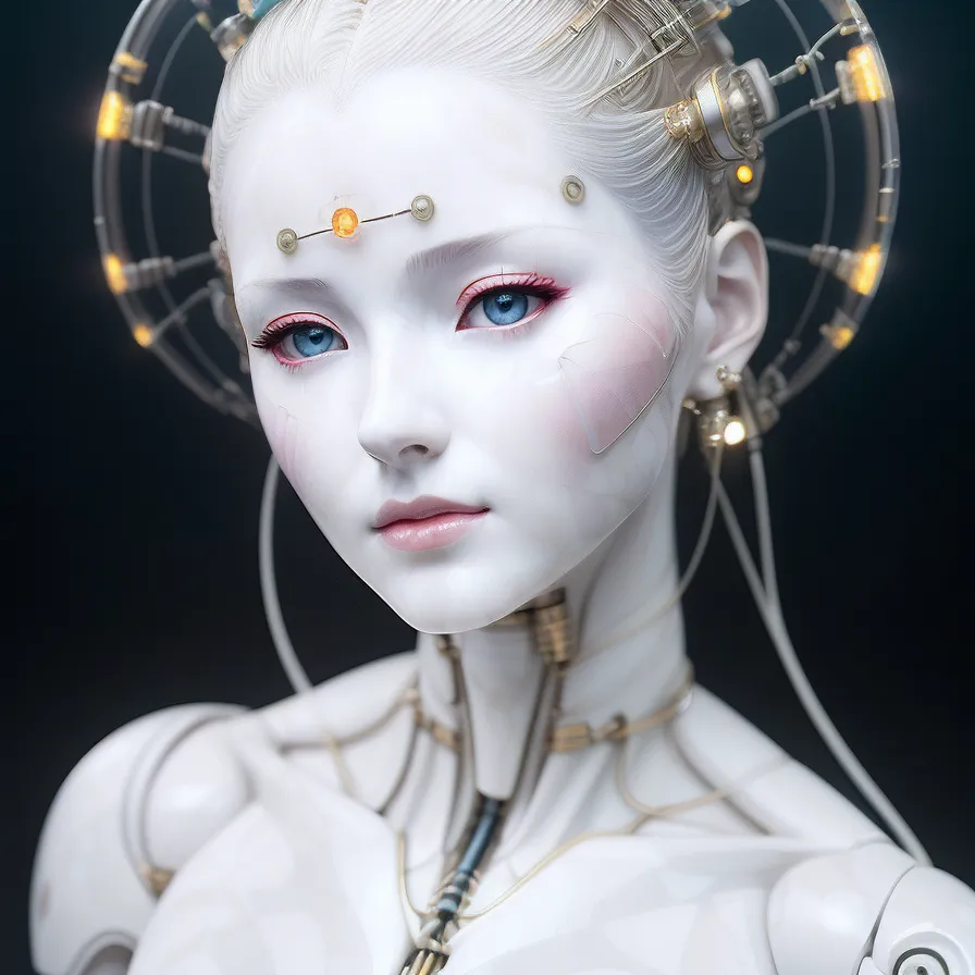 L'image est un portrait d'un robot féminin à la peau blanche et aux yeux bleus. Elle porte une robe blanche avec un col haut. Ses cheveux sont blancs et tirés en chignon. Elle a un halo métallique autour de la tête et divers fils et tubes attachés à son cou et à sa poitrine. L'arrière-plan est noir.