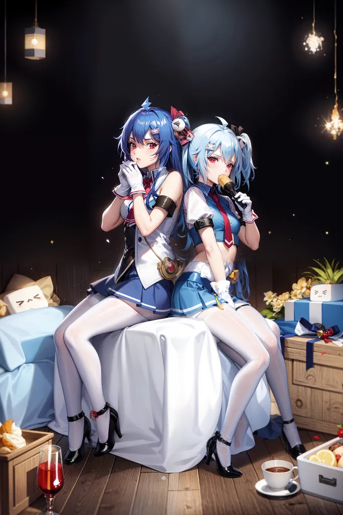 The image shows two anime girls in a bedroom. The girl on the left has long blue hair and blue eyes, and she is wearing a white and blue sailor-style outfit. She is sitting on a bed with her legs crossed and is holding a teacup in her right hand. The girl on the right has long white hair and blue eyes, and she is wearing a similar outfit. She is sitting next to the girl on the left and is holding a microphone in her right hand. There are several boxes and other objects on the floor around them, including a gift box, a plate of food, and a cup of coffee. The background of the image is dark, with a few hanging lights.