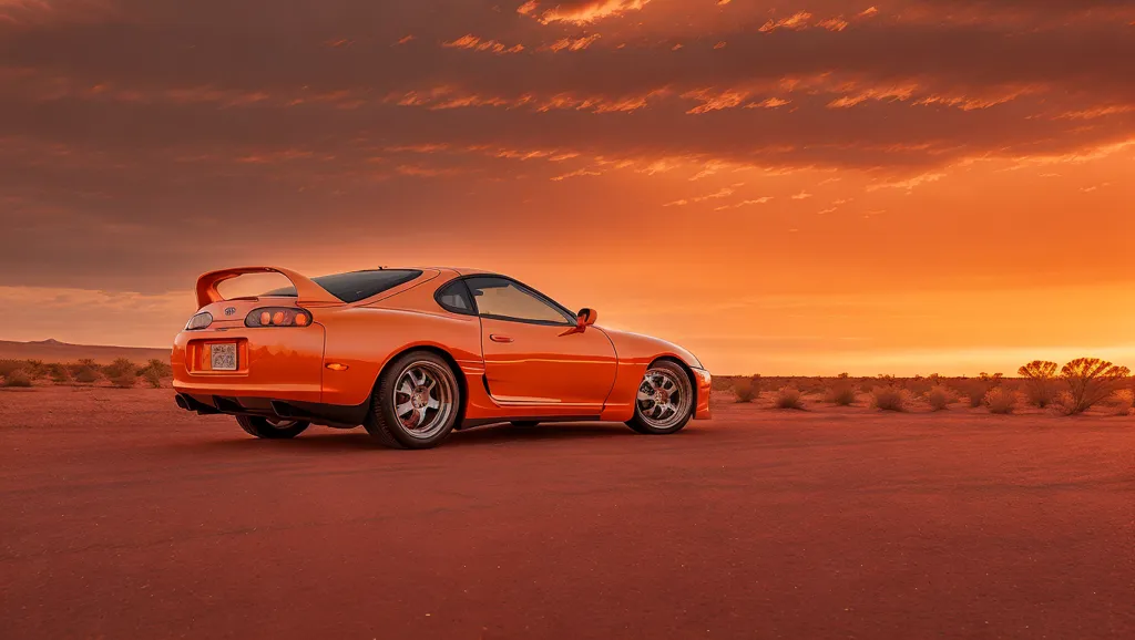 Un brillante automóvil deportivo naranja está estacionado en una vasta extensión de desierto rojo. El automóvil es un Toyota Supra, y está mirando hacia el lado opuesto del espectador. El cielo es de un naranja brillante, y el sol se está poniendo. No hay otros automóviles o personas en la imagen. El Supra es un automóvil elegante y estilizado, y está perfectamente complementado por los vibrantes colores del desierto y el cielo. La imagen es un hermoso y evocador ejemplo de fotografía automotriz.