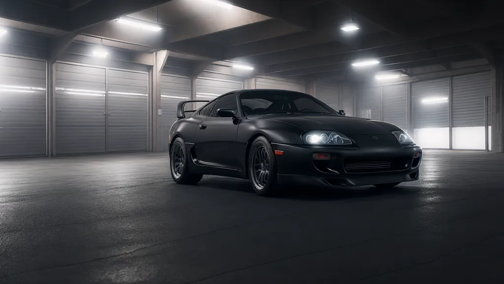 La imagen es de un Toyota Supra negro en un garaje de estacionamiento. El coche está de frente al espectador y está iluminado por una sola fuente de luz en el lado del conductor. La luz se refleja en la pintura del coche y crea un efecto dramático. El coche está montado sobre ruedas negras y tiene un gran alerón trasero. El fondo de la imagen es una pared de hormigón oscura con algunas fuentes de luz visibles a lo lejos. El efecto general de la imagen es de misterio e intriga.