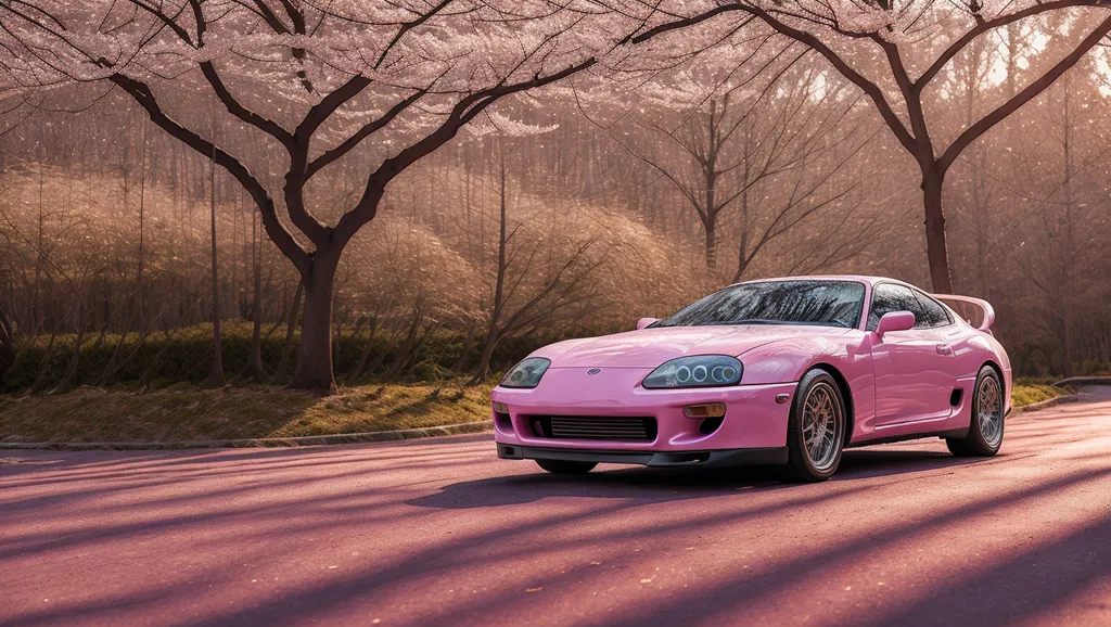 Um carro rosa está estacionado em uma estrada em uma floresta. O carro é um Toyota Supra. A floresta está cheia de árvores com flores rosas. O chão está coberto de folhas rosas. O céu está azul com nuvens esfumaçadas. O carro está estacionado no meio da estrada. A estrada está cercada por árvores. As árvores são altas e têm grandes galhos. Os galhos estão cobertos de flores rosas. As folhas das árvores são rosas. O chão está coberto de folhas rosas. O céu está azul com nuvens esfumaçadas. O carro é rosa. O carro tem um para-choque preto. O carro tem rodas pretas. O carro tem um spoiler preto. O carro tem um teto preto. O carro tem janelas pretas. O carro tem um interior preto.