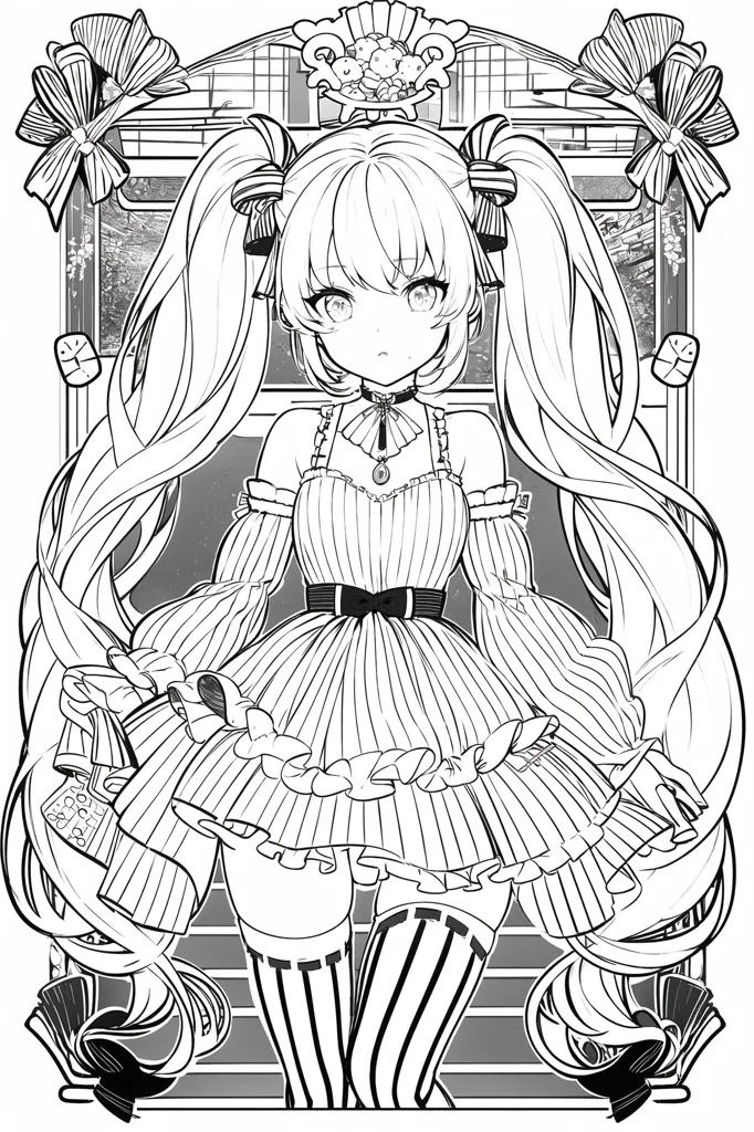 The image is a black and white line drawing of a girl with long, flowing hair and a dress with a pleated skirt. She is standing in front of a large window. There are bows on the window frame and in her hair. The image is drawn in a realistic style, and the girl's expression is serene.