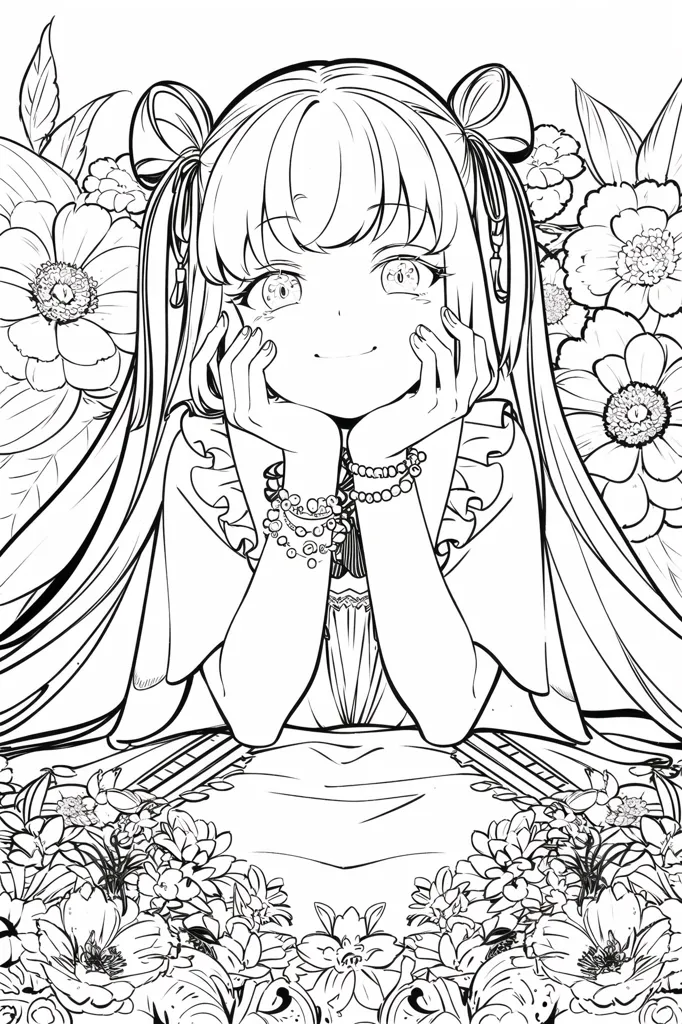 The picture shows a girl with long hair and large eyes. She is wearing a dress with a large collar. The girl is sitting in front of a background of flowers. She has her hands on her face and is smiling. The picture is drawn in black and white.