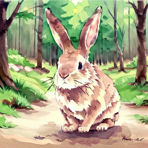 This image shows a rabbit sitting on a dirt path in a forest. The rabbit is brown and white with long ears and a pink nose. It is looking at the viewer with a curious expression. The forest is full of green trees and plants. The sun is shining through the trees, creating a dappled pattern on the ground. The path is winding and narrow, and it looks like it leads to somewhere special.