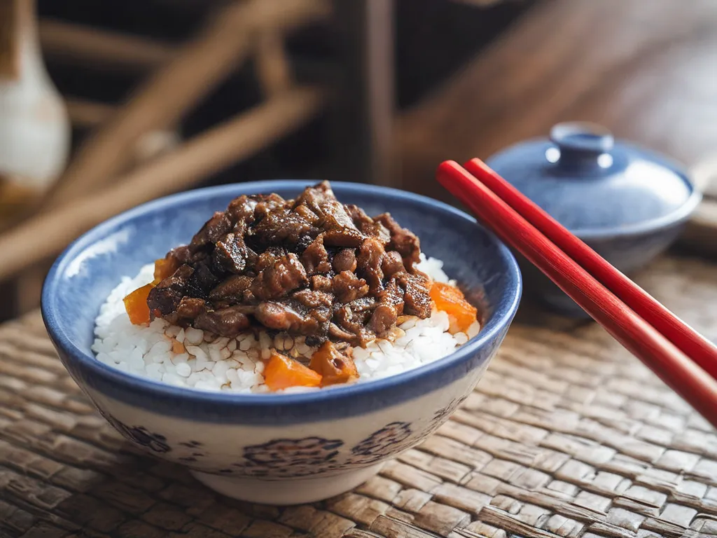 The image shows a bowl of white rice topped with a generous serving of braised pork rice (lu rou fan), a popular Taiwanese dish made with minced pork braised in soy sauce and spices. The dish is typically served with a side of pickled vegetables and a bowl of soup. In this case, the lu rou fan is served with a side of carrots. The bowl is placed on a table with a chopstick rest and a pair of red chopsticks. The background is blurred, with a hint of a wooden su