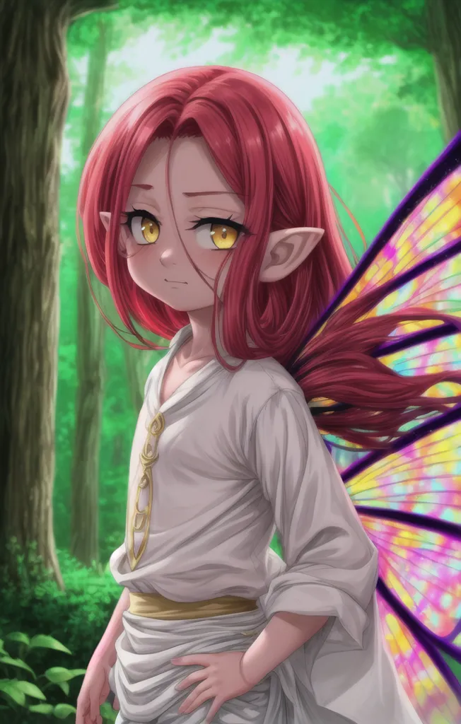 This image shows a young boy with red hair and yellow eyes. He is wearing a white shirt with a gold belt. He has butterfly wings in various colors. He is standing in a forest, surrounded by green trees.