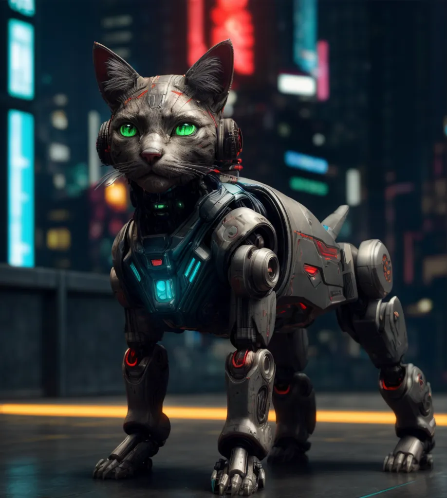 The image shows a cat-like robot. It has grey fur, green eyes, and sharp teeth. It is wearing a black and blue collar with a green light on it. The robot cat is also wearing a pair of headphones. It is standing on a metal surface with a blurred cityscape in the background.