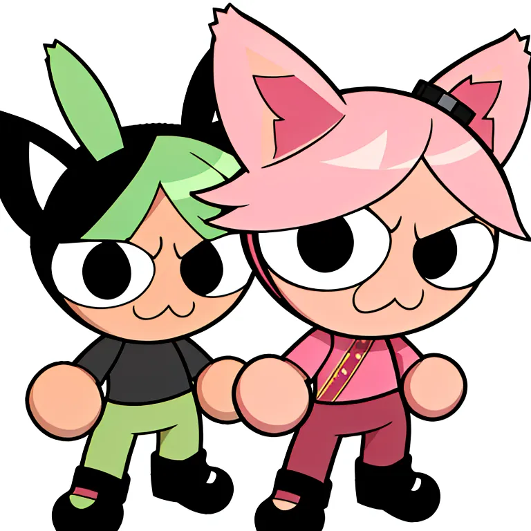 The image shows two cartoon characters. They are both drawn in a chibi style, with large heads and small bodies. The character on the left has black hair and green eyes, and is wearing a black shirt and green pants. The character on the right has pink hair and blue eyes, and is wearing a pink shirt and red pants. Both characters have cat ears and are smiling.