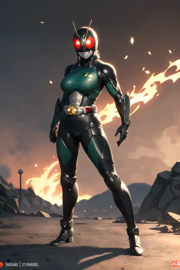 The image is a 3D rendering of a female character wearing a black and green bodysuit with a red belt and a black helmet with red eyes. She is standing in a rocky, mountainous landscape with flames in the background. The character is Kamen Rider ZO, a superhero from the Kamen Rider series.