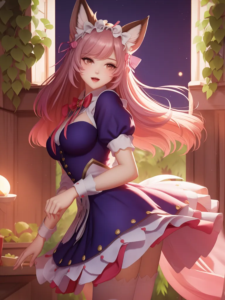 The image is of a beautiful anime girl with pink hair and fox ears. She is wearing a blue and white maid outfit with a pink bow in her hair and a white apron. She is standing in a room with a window in the background. There are plants growing outside the window. The girl has a shy smile on her face and is looking at the viewer.