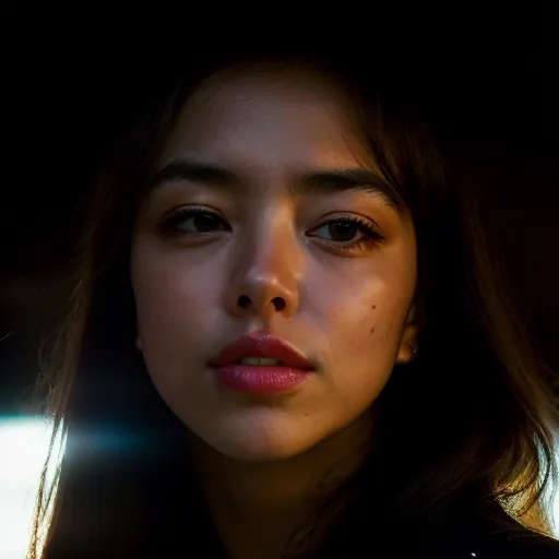 A young woman with long, dark hair is looking at the camera. She has light skin and dark eyes. Her lips are slightly parted. She is wearing a dark shirt. The background is out of focus and is dark.