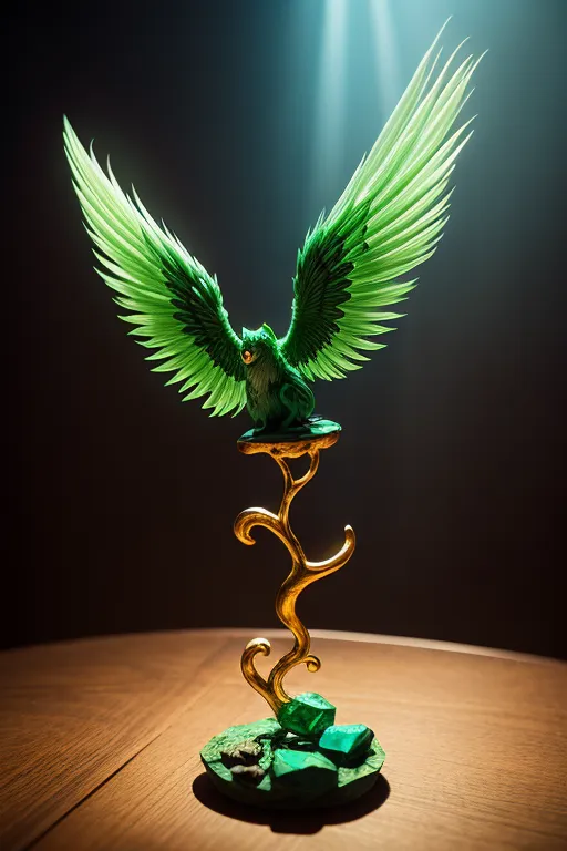 The image is a 3D rendering of a green phoenix with outstretched wings. The body of the phoenix is made of green jade, and its wings are made of green leaves. The phoenix is standing on a golden pedestal, and there are green crystals at the base of the pedestal. The phoenix is facing the viewer, and its eyes are glowing green. The background is a dark green color, and there is a spotlight shining down on the phoenix.