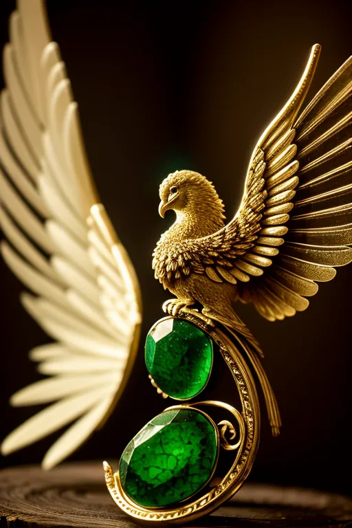 The image is a 3D rendering of a gold and emerald phoenix. The phoenix is standing on a crescent moon, and its wings are spread out behind it. The phoenix is facing the viewer, and its eyes are set with small emeralds. The image is set against a dark background, which makes the phoenix and the emeralds stand out.