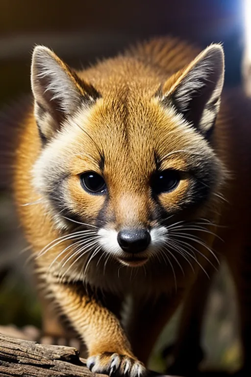 This image shows a small, wild canid with large, pointed ears and a long, bushy tail. Its fur is primarily a grizzled gray and brown color, with a white belly and a black tip on its tail. The animal is standing on a rock, looking out at the viewer with an alert expression. It is a very cute animal and looks like a mix between a fox and a cat.