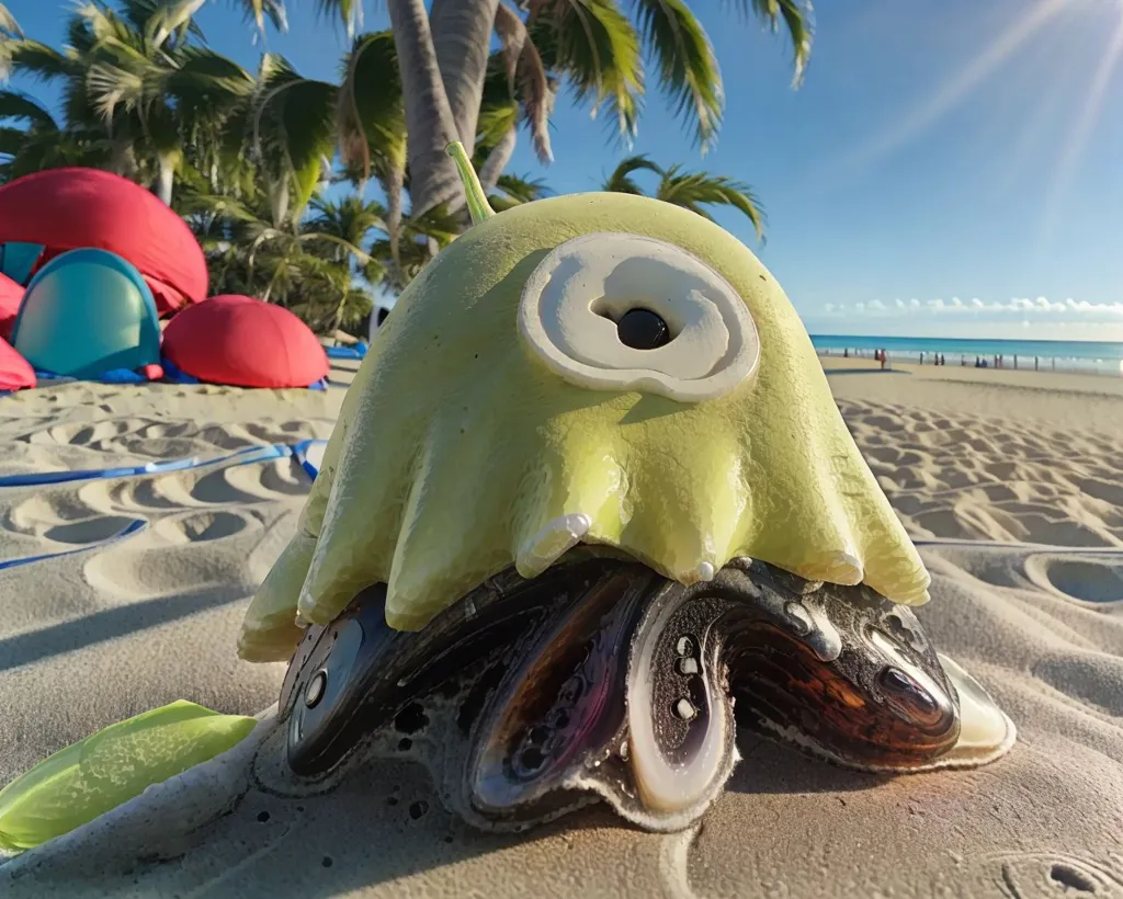 This image shows a sandy beach on a sunny day. There are palm trees in the background and a blue sea with white waves crashing on the shore. There are also some red and blue beach tents on the sand. In the foreground of the image, there is a strange creature. It has a large, yellow head with a single eye and a mouth. Its body is made of many different kinds of seashells. The creature is sitting on the sand and it looks like it is looking at the camera.