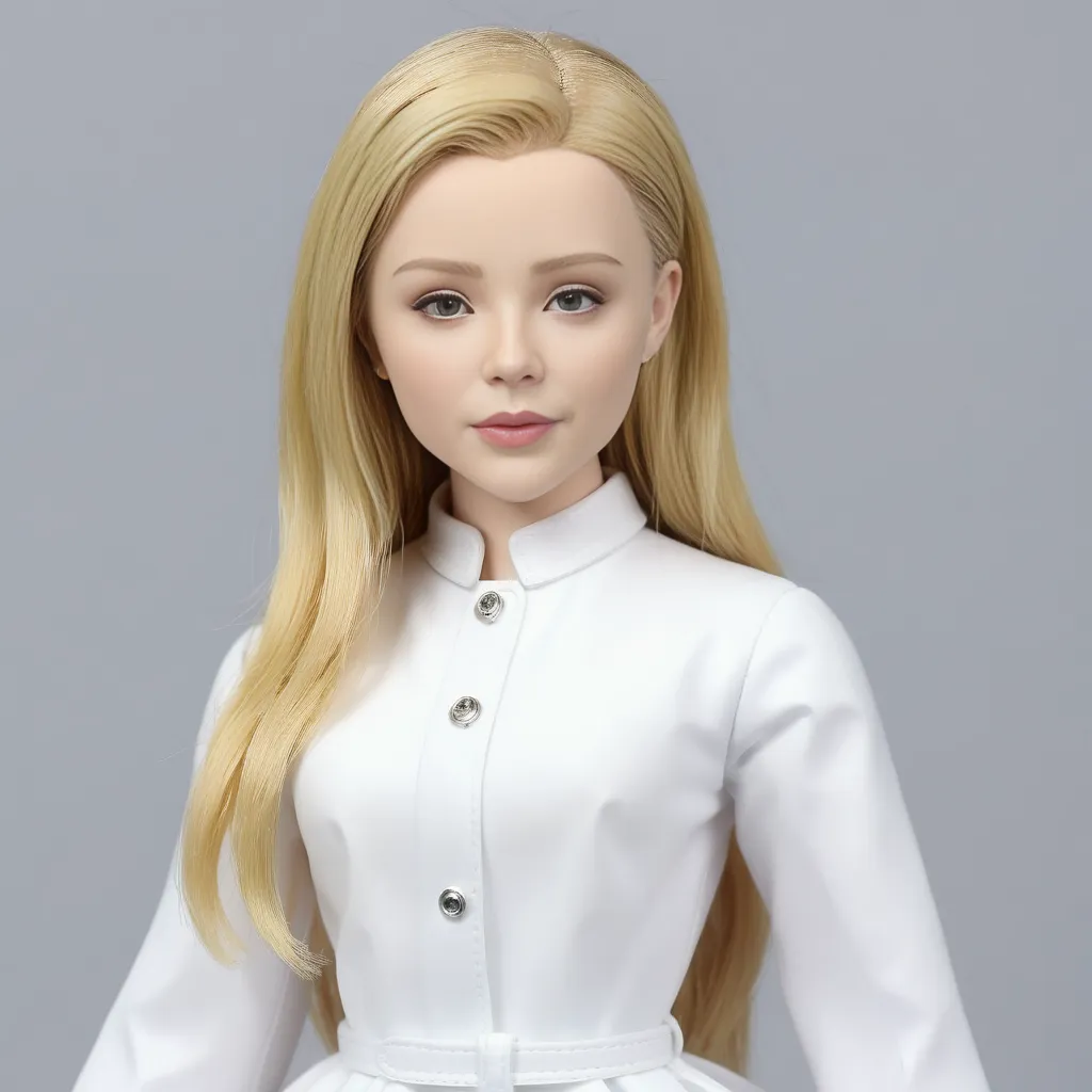 The image shows a doll with long blond hair and blue eyes. She is wearing a white dress with a collar and silver buttons. The doll's skin is very pale and flawless. Her lips are slightly parted and her eyes are looking directly at the viewer. The doll is standing against a solid gray background.