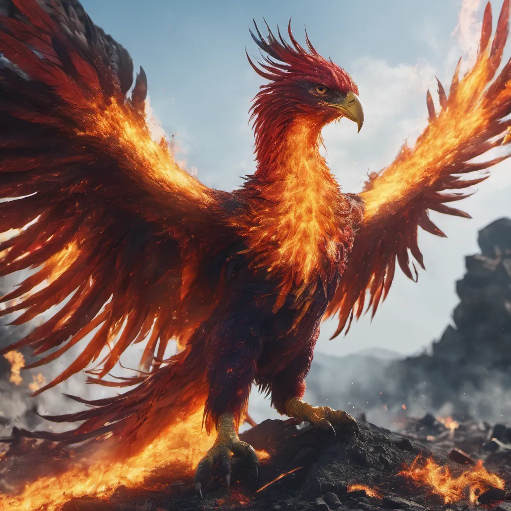 The image shows a phoenix, a mythical bird that is said to be a symbol of hope and renewal. The phoenix is depicted as a large, majestic bird with fiery red and yellow feathers. It is standing on a rocky perch, with its wings spread wide. The background is a fiery orange color, with smoke and flames rising up from the ground.