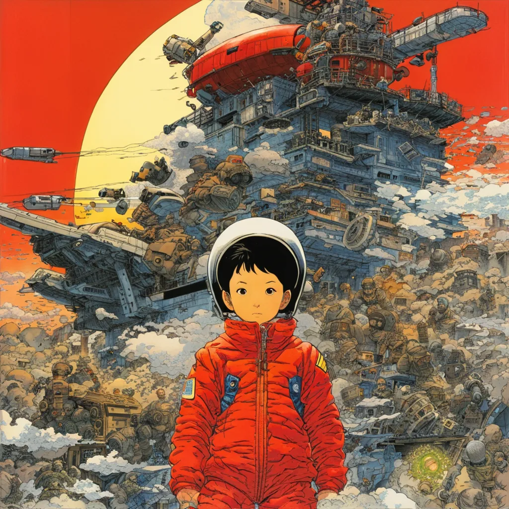 This image shows a scene from an anime movie. The background is filled with a large, red ship. The ship is covered in guns and other weapons. There are also many smaller ships flying around the large ship. In the foreground of the image, there is a young boy standing in front of the ship. The boy is wearing a red spacesuit. He has a serious look on his face.