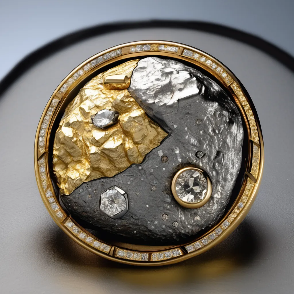 The image shows a piece of jewelry. It is a circular pendant with a gold frame. Inside the frame, there are two pieces of meteorite. The meteorite on the left is gold and the one on the right is black. There are also some diamonds on the pendant.