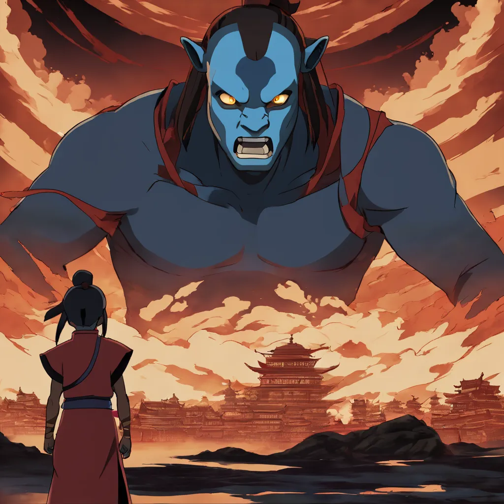 The image shows a scene from the animated series "Avatar: The Last Airbender". In the foreground, there is a young boy named Aang, who is the Avatar, the master of all four elements. He is standing in front of a giant blue spirit named Koh, who is the guardian of the Spirit World. Koh has a dark blue face and yellow eyes, and he is surrounded by a red and orange aura. Aang is wearing his red and orange monk robes. The background of the image is a red and orange sky with a large temple in the distance.