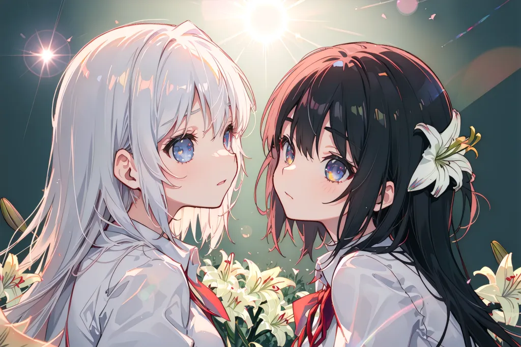 This image shows two anime girls with long hair. The girl on the left has white hair and blue eyes, and the girl on the right has black hair and blue eyes. They are both wearing white shirts and have red ribbons tied around their necks. There are white lilies in the foreground and a bright light in the background.