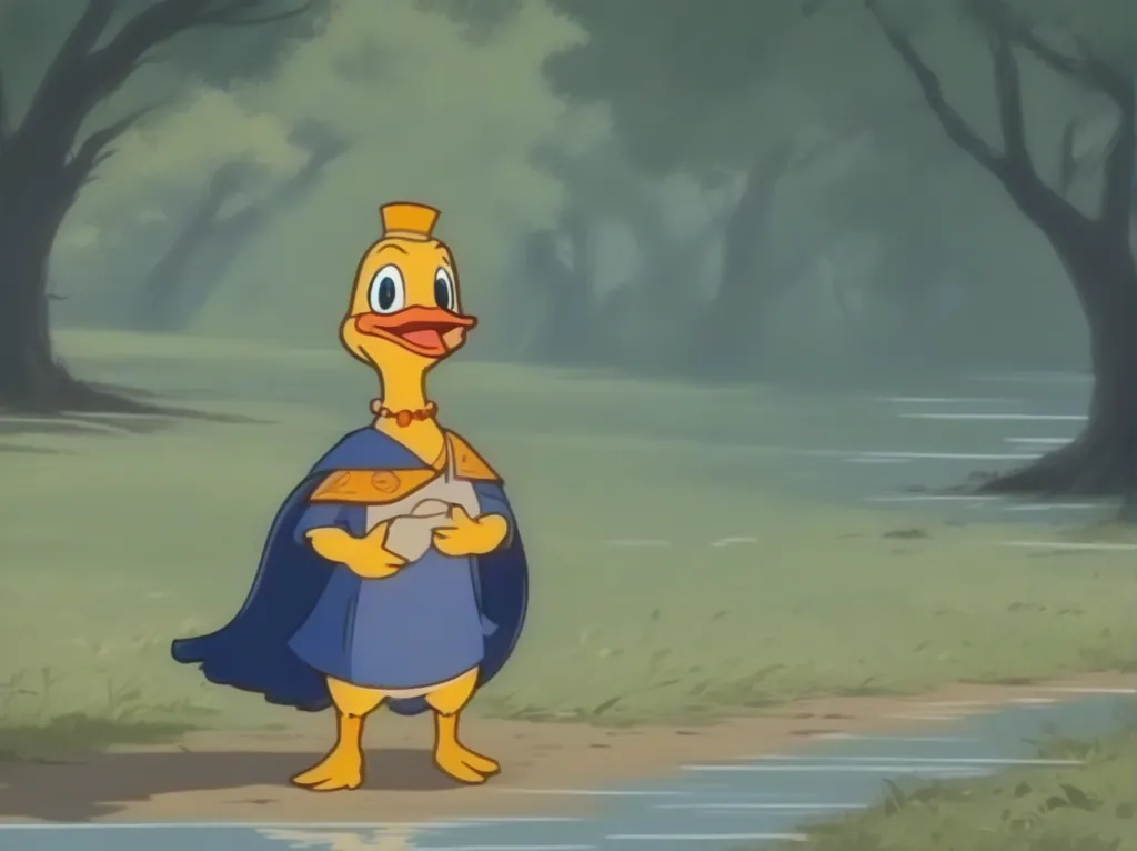 This is an image of a duck wearing a blue cape with yellow trim. The duck is standing on the edge of a pond, and there is a forest in the background. The duck is holding a small, round object in its hands. The duck has a yellow beak and a yellow crown on its head. The duck is smiling.