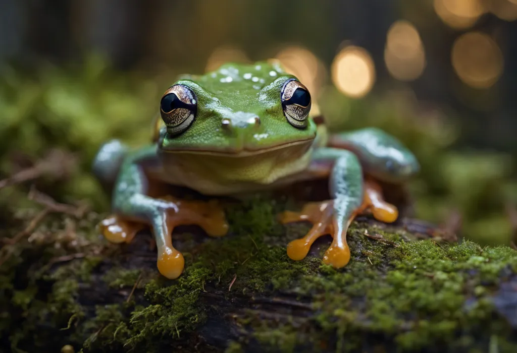 A bright green frog is sitting on a mossy log. The frog has light orange feet and dark brown eyes. The background is blurry, but there are some small, bright lights in the background. The frog is looking at the camera.