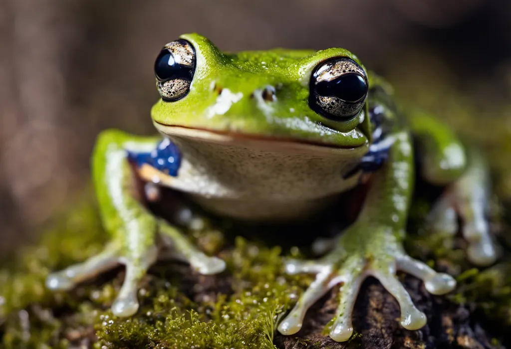 A bright green frog is sitting on a bed of moss. The frog has dark brown eyes and a white belly. Its feet are a lighter shade of green and are webbed. The frog is looking at the camera. The background is out of focus and is a dark brown color.