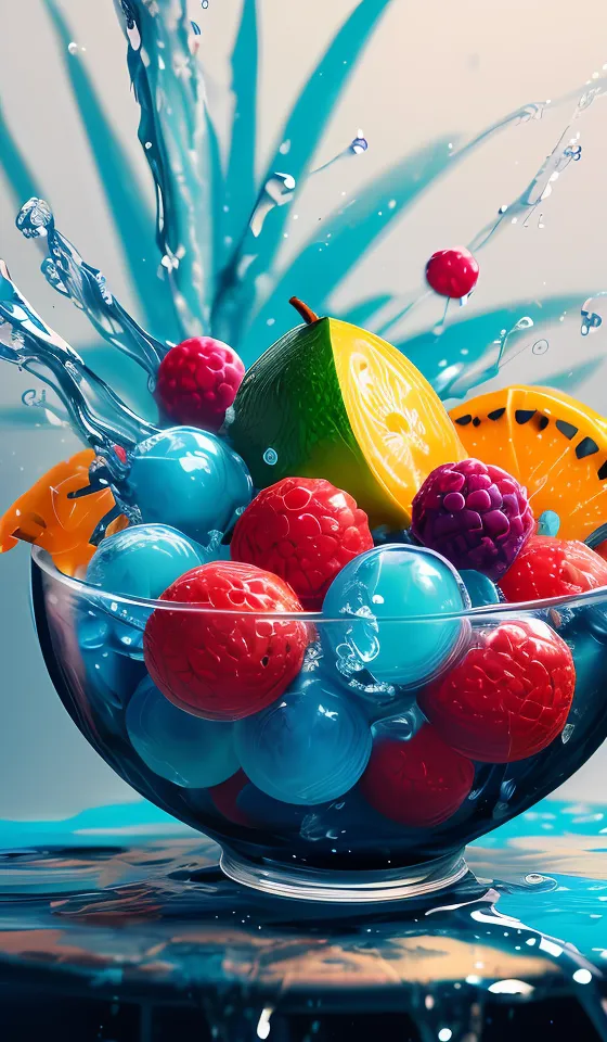 There is a bowl of fruit sitting on a table. The bowl is filled with water and there are several different kinds of fruit floating in it. There are red and blue raspberries, green limes, yellow lemons, and orange slices. The fruit is all arranged in a very aesthetically pleasing way. The background of the image is a light blue color.