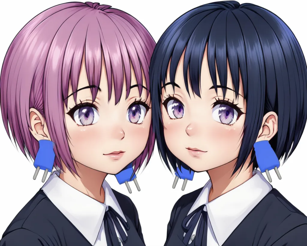 The image shows two anime girls with short hair. The girl on the left has pink hair and purple eyes, and the girl on the right has black hair and purple eyes. They are both wearing white shirts with black ties. They both have blue plugs in their ears.