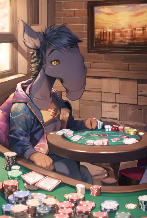 The image is of a cartoon donkey playing poker in a dimly lit room. He is sitting at a table with a green felt top, and there are poker chips and cards scattered around. The donkey is wearing a blue hoodie and has a smug expression on his face. In the background, there is a brick wall with a painting of a cityscape on it.