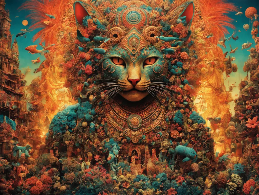 This image is a depiction of a cat with vibrant colors and intricate details. The cat has orange eyes and is adorned with various types of flowers, plants, and jewels. The background is filled with a surreal landscape featuring floating islands, waterfalls, and a variety of animals and birds. The overall aesthetic of the image is one of fantasy and enchantment.